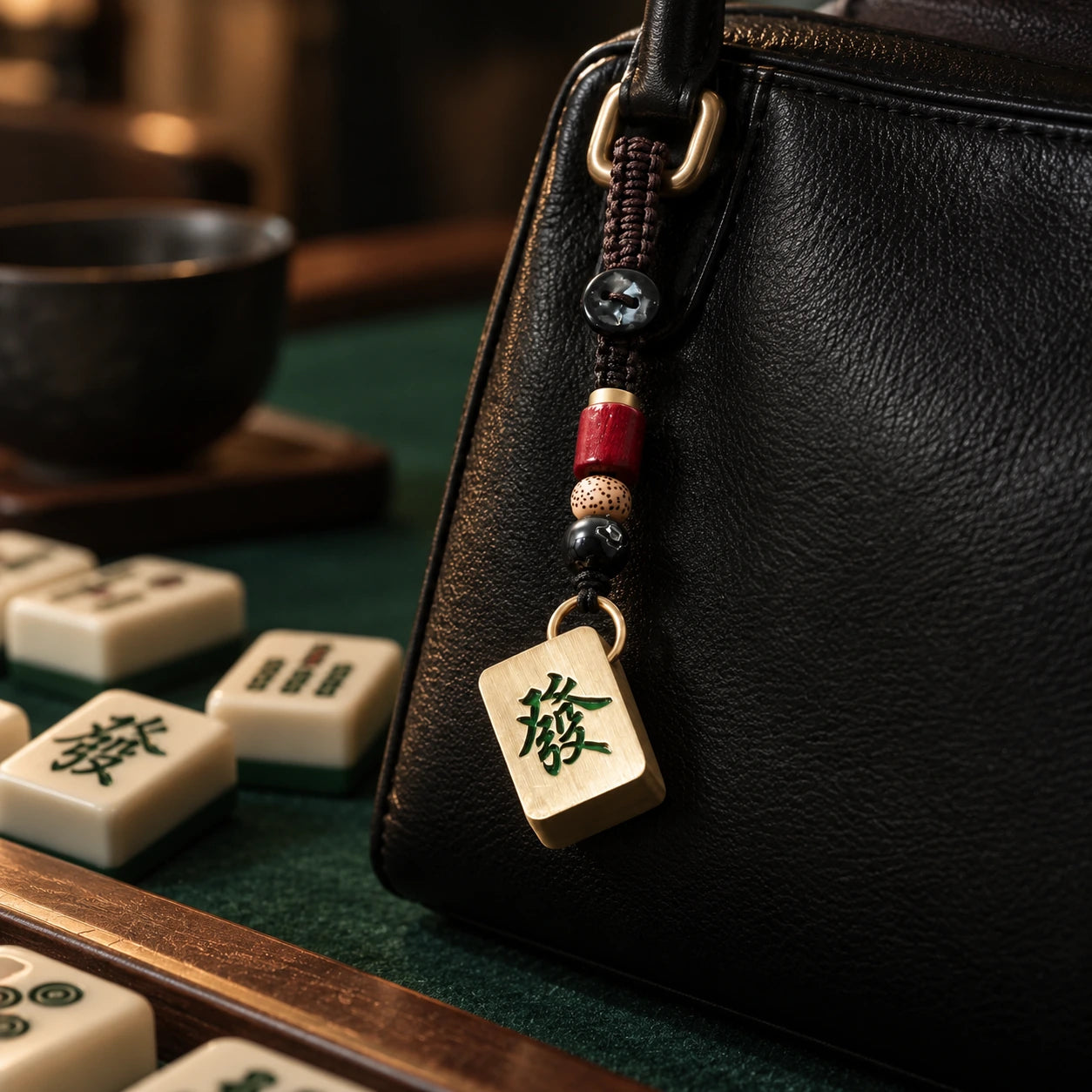 Mahjong Tile Charm · Green Dragon · in-use demonstration