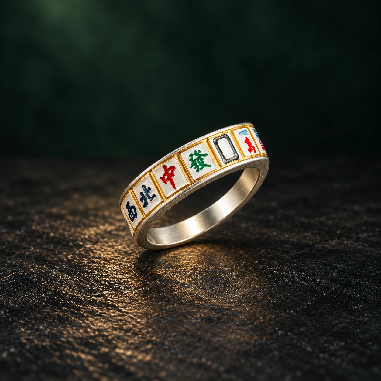 Little Tiles Enamel Ring · Classic tile band · AI styled product photograph