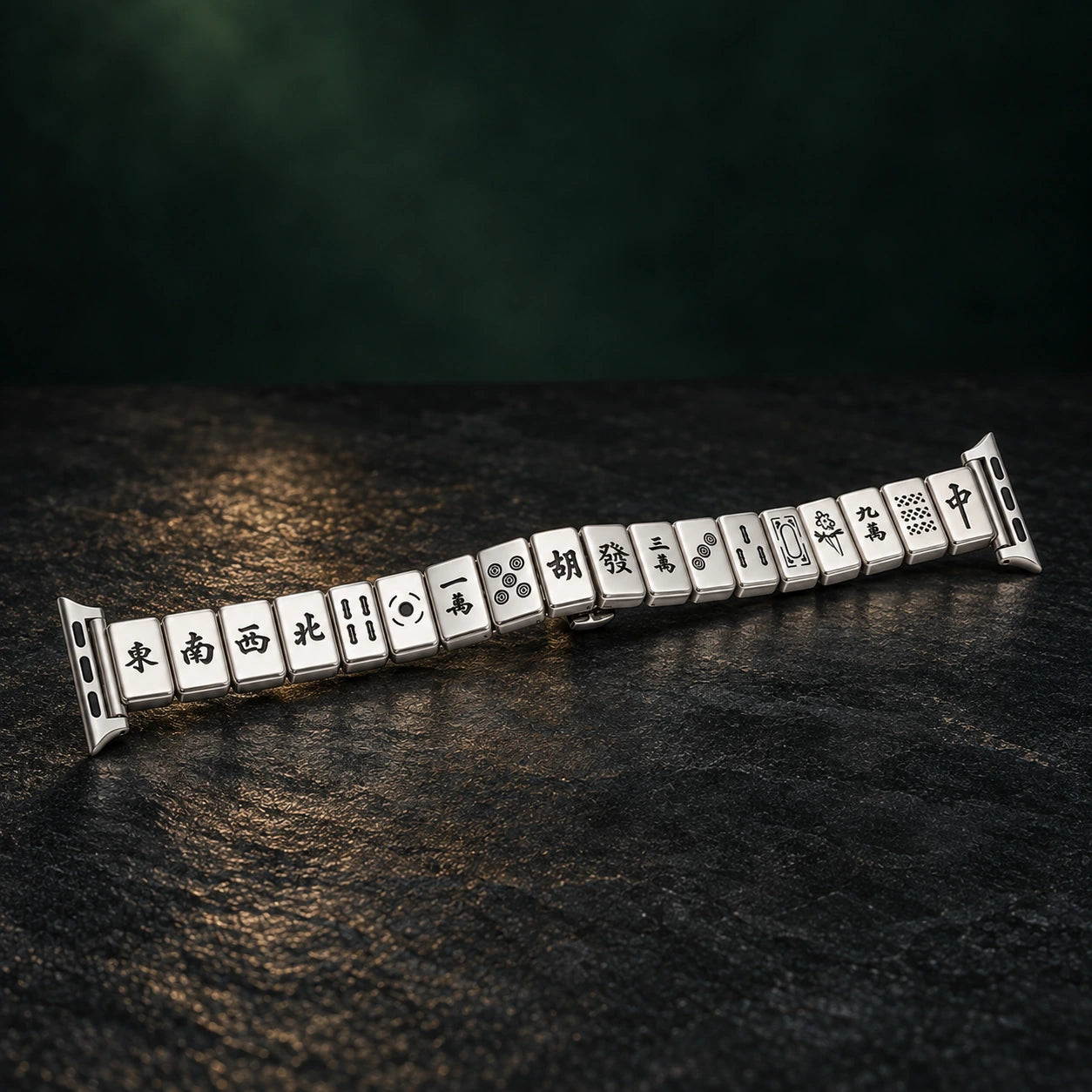 Mahjong Link Watch Band · Silver finish · AI styled product photograph