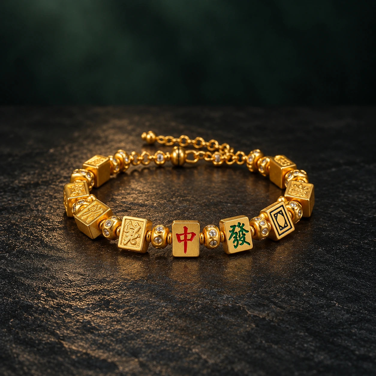 Golden Tiles Bracelet · Gold-colored tiles · AI styled product photograph