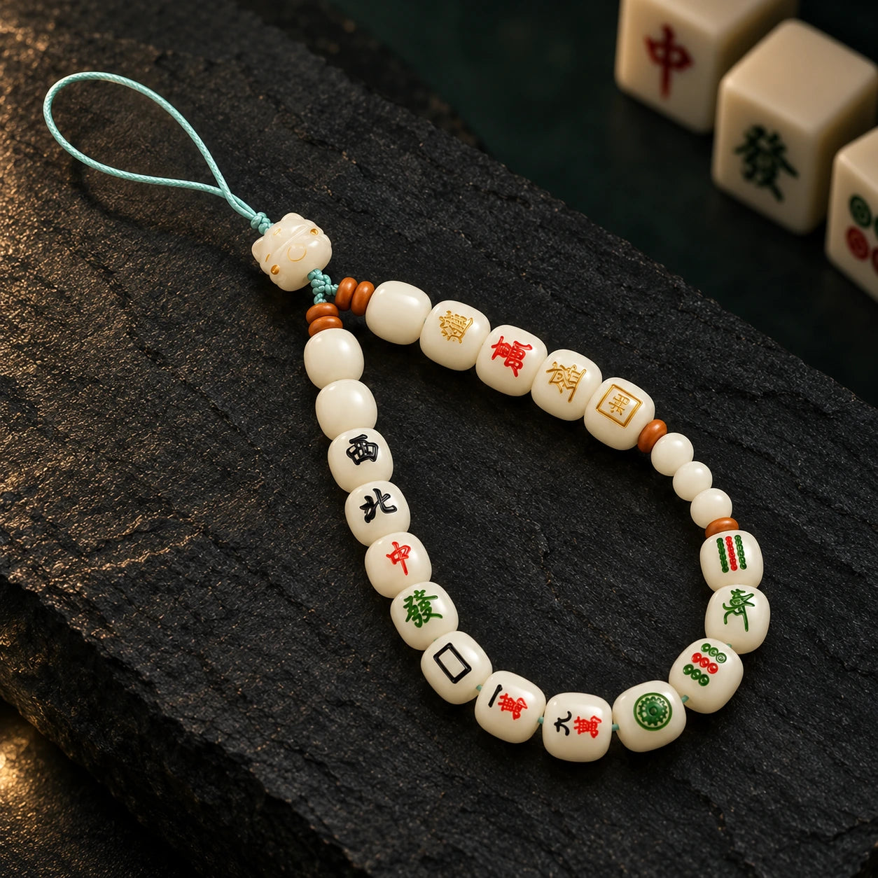 Thirteen Wonders Phone Strap · Ivory · mint cord · detail view