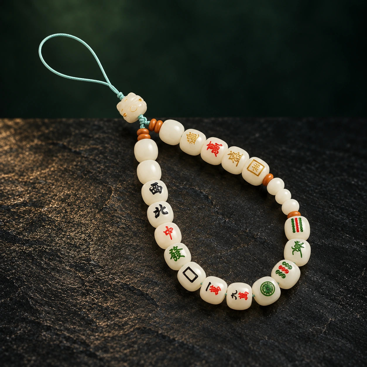 Thirteen Wonders Phone Strap · Ivory · mint cord · AI styled product photograph