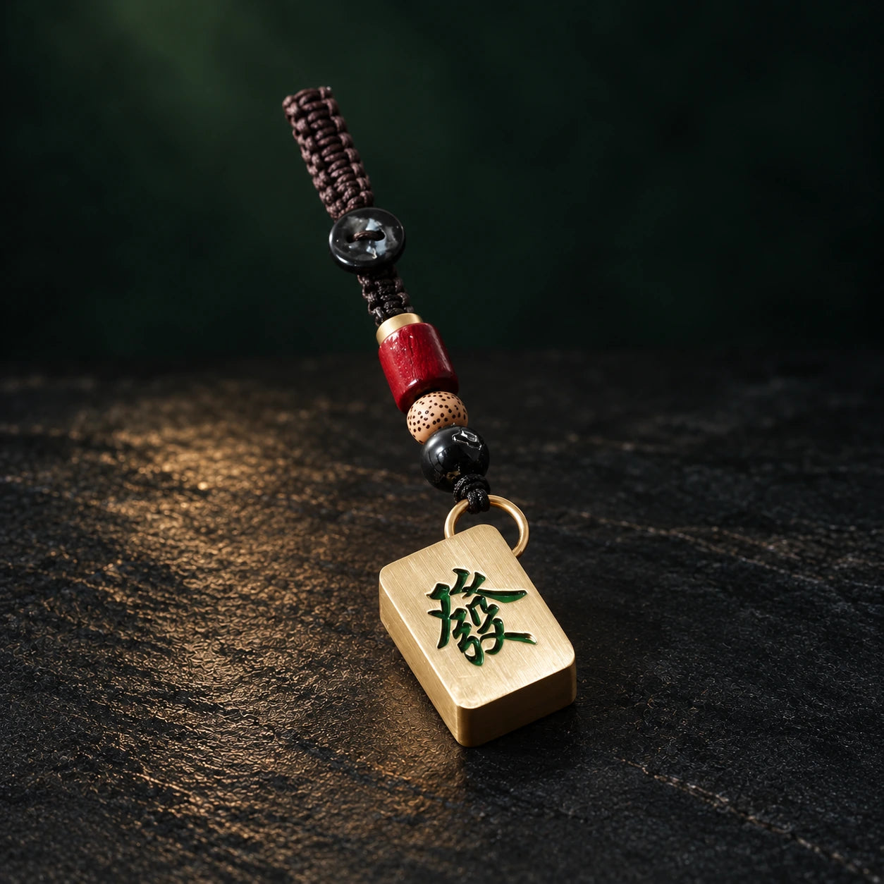 Mahjong Tile Charm · Green Dragon · AI styled product photograph