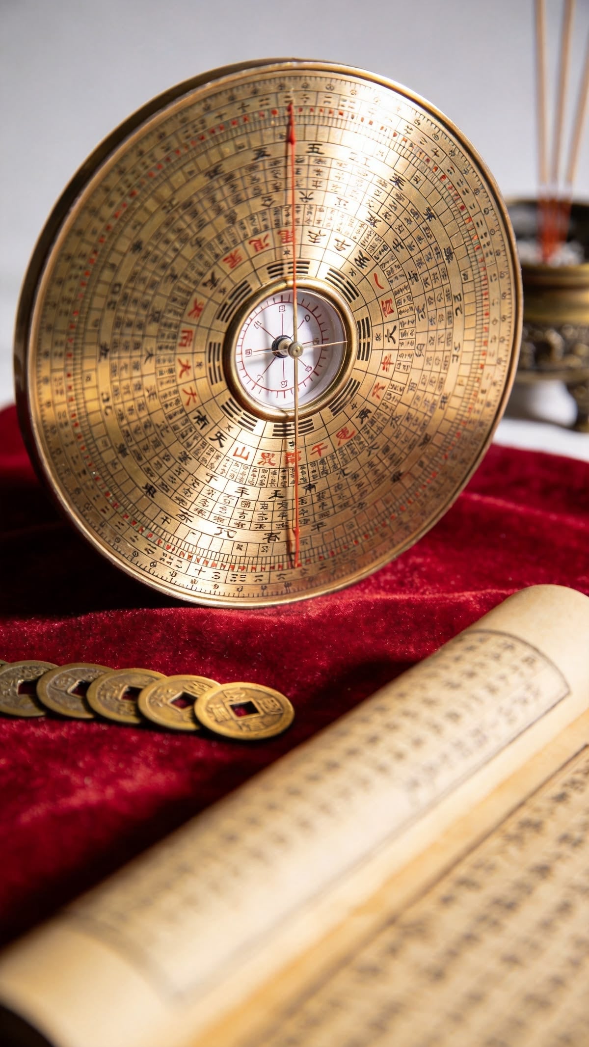 Traditional compass, coins and an open book