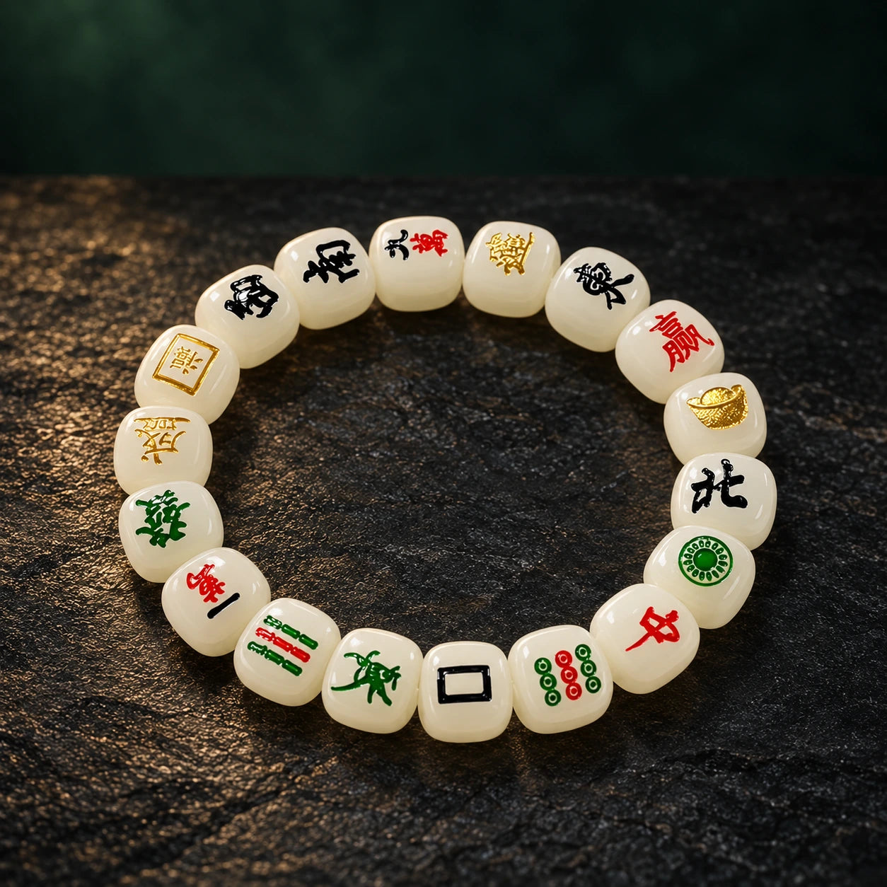 Mahjong Bead Bracelet · Ivory Mahjong beads · AI styled product photograph